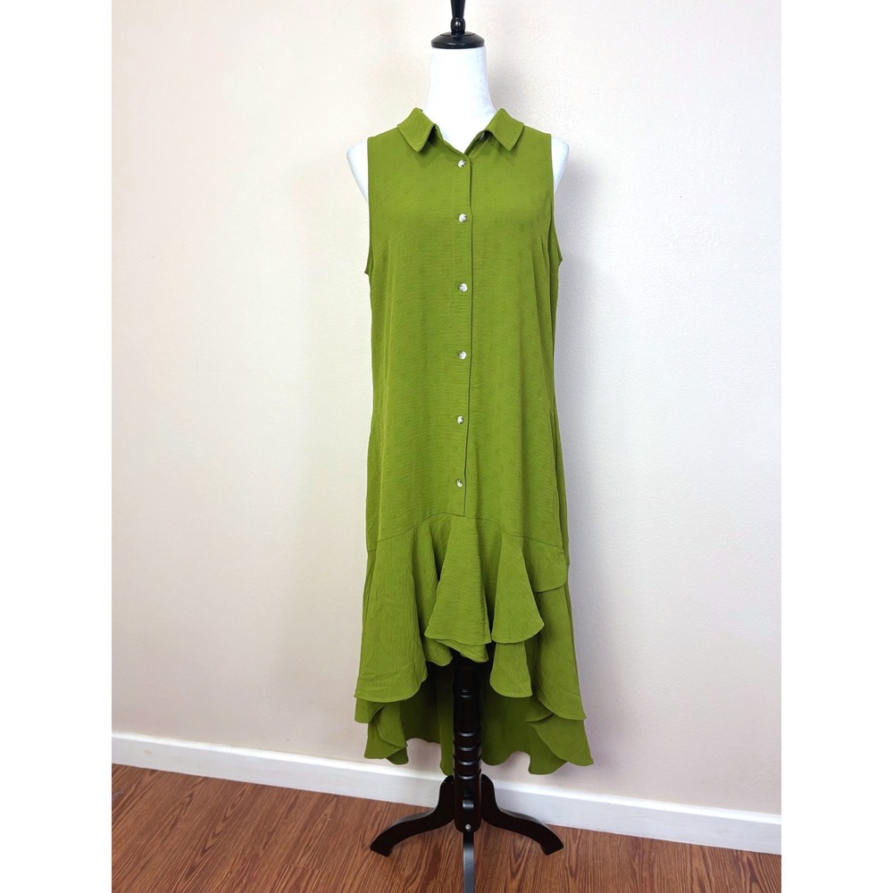 Cato Lime Green Polka Dot High Low Ruffle Sleeveless Dress Size Large Pockets
